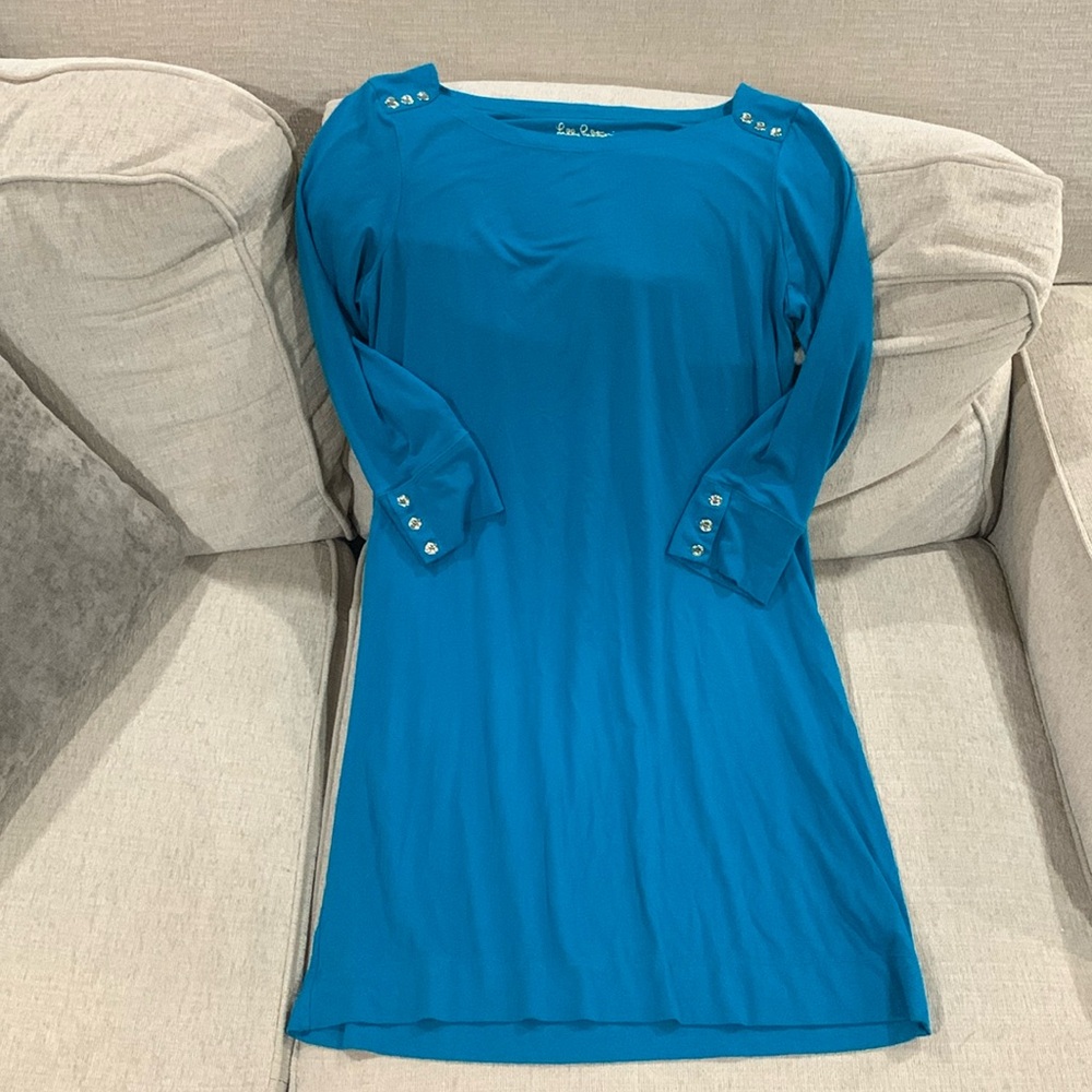 Turquoise Lilly Pulitzer 3/4 sleeve dress with gold buttons on sleeve